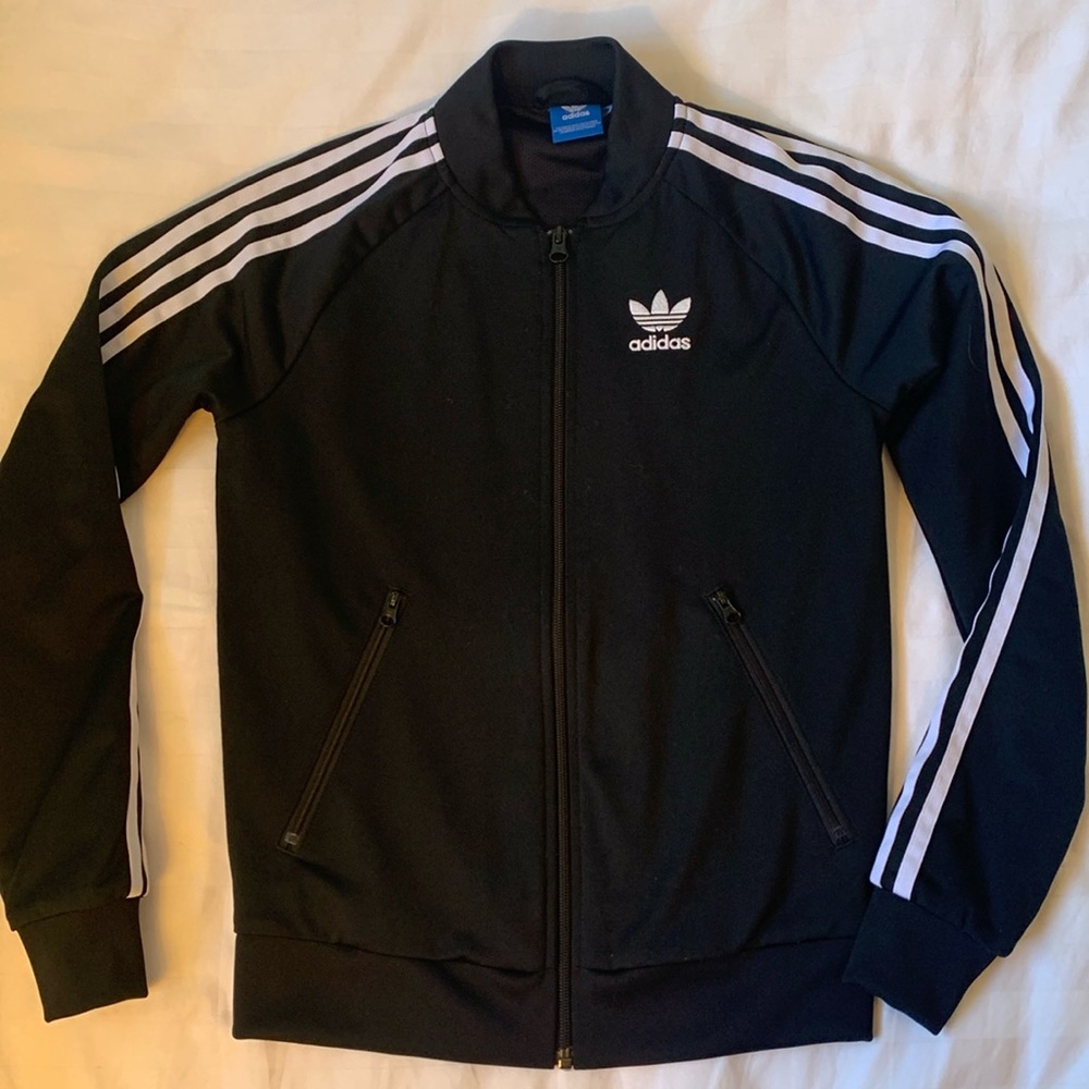 Adidas black lined jacket w white sewn on stripes NWOT